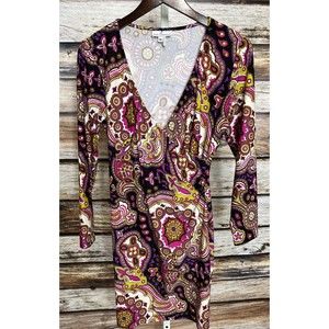 Jude Connally Paisley Jersey Dress Faux Wrap Size Medium Pink Colorful